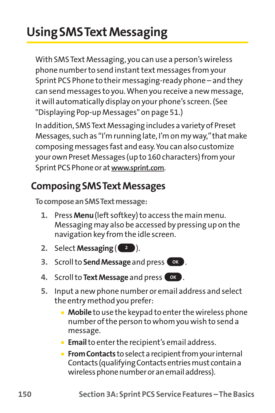 Using sms text messaging, Composing sms text messages | Sprint Nextel SPRINT PCS PM-225 User Manual | Page 159 / 217