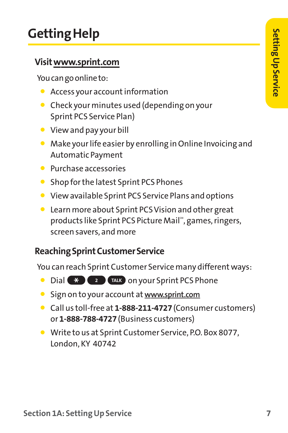 Getting help, Reaching sprint customer service, Setting up ser vice | Sprint Nextel SPRINT PCS PM-225 User Manual | Page 16 / 217