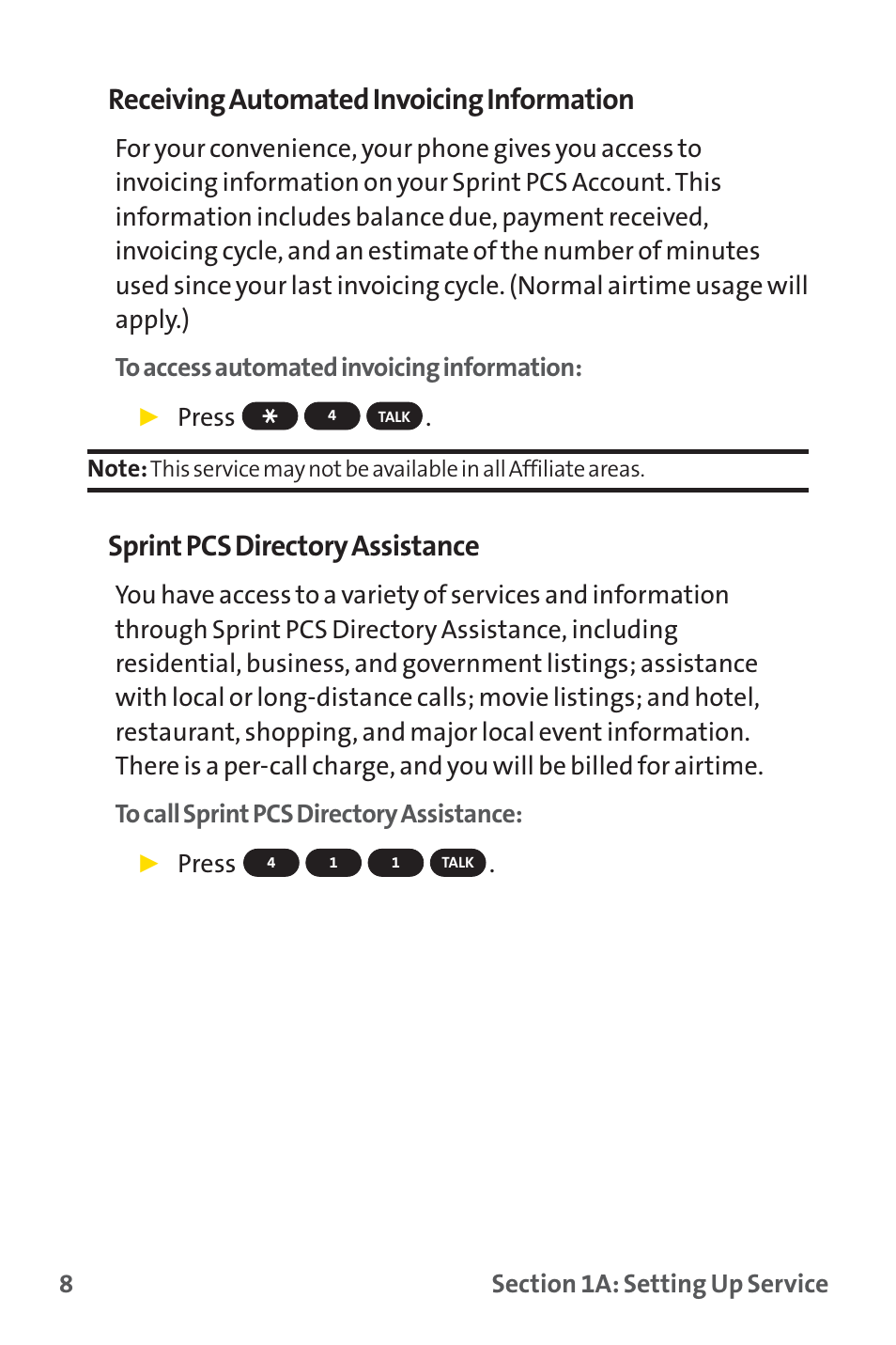 Receiving automated invoicing information, Sprint pcs directory assistance, Press | Sprint Nextel SPRINT PCS PM-225 User Manual | Page 17 / 217