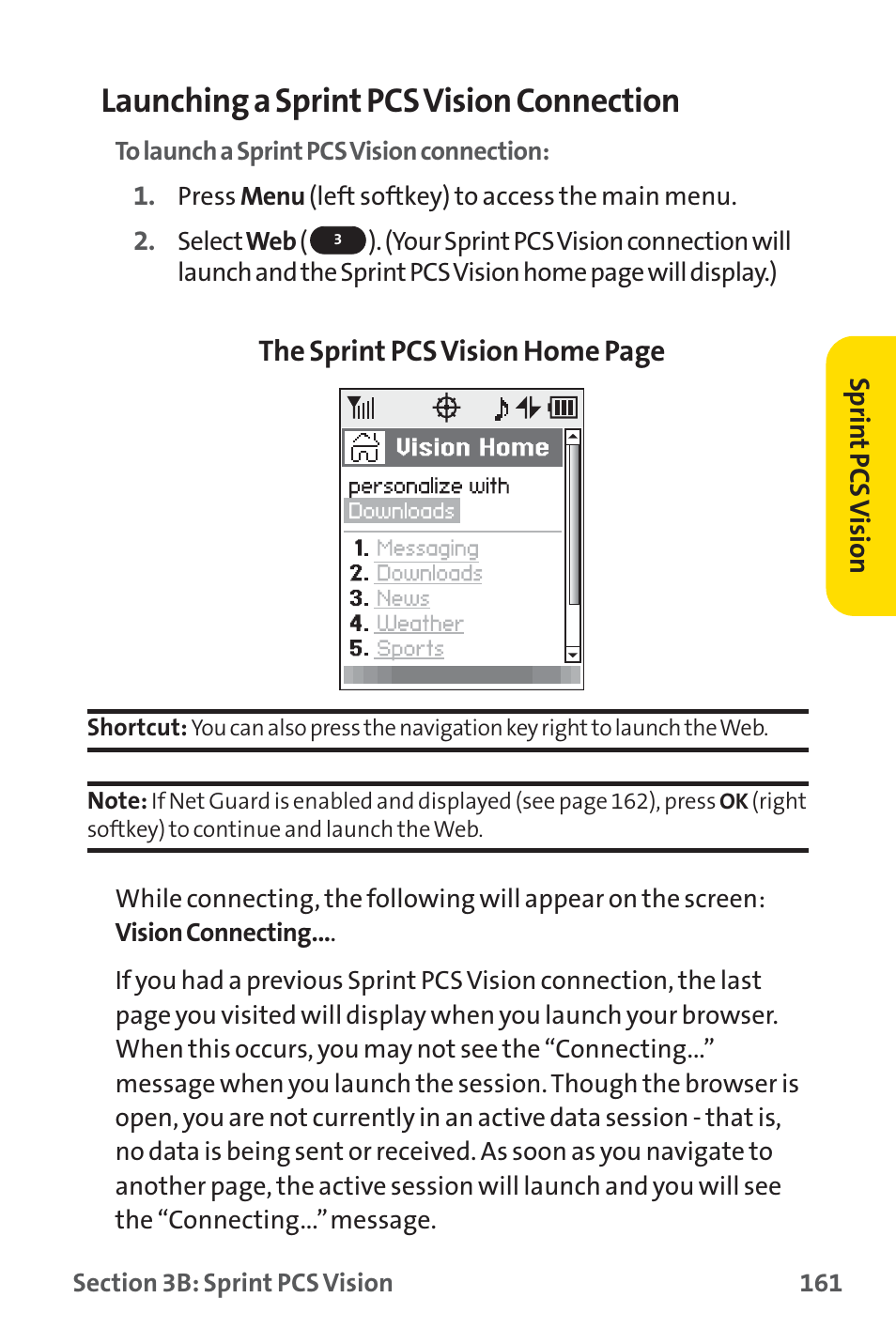 Launching a sprint pcs vision connection | Sprint Nextel SPRINT PCS PM-225 User Manual | Page 170 / 217