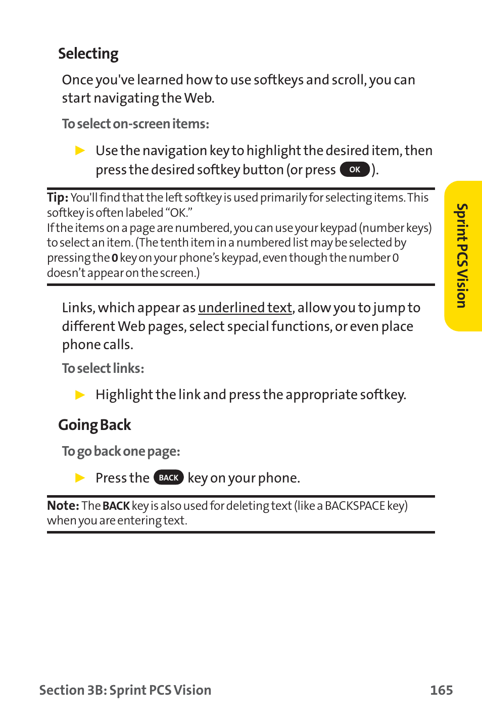 Selecting, Going back, Sprin t pcs v ision | Sprint Nextel SPRINT PCS PM-225 User Manual | Page 174 / 217