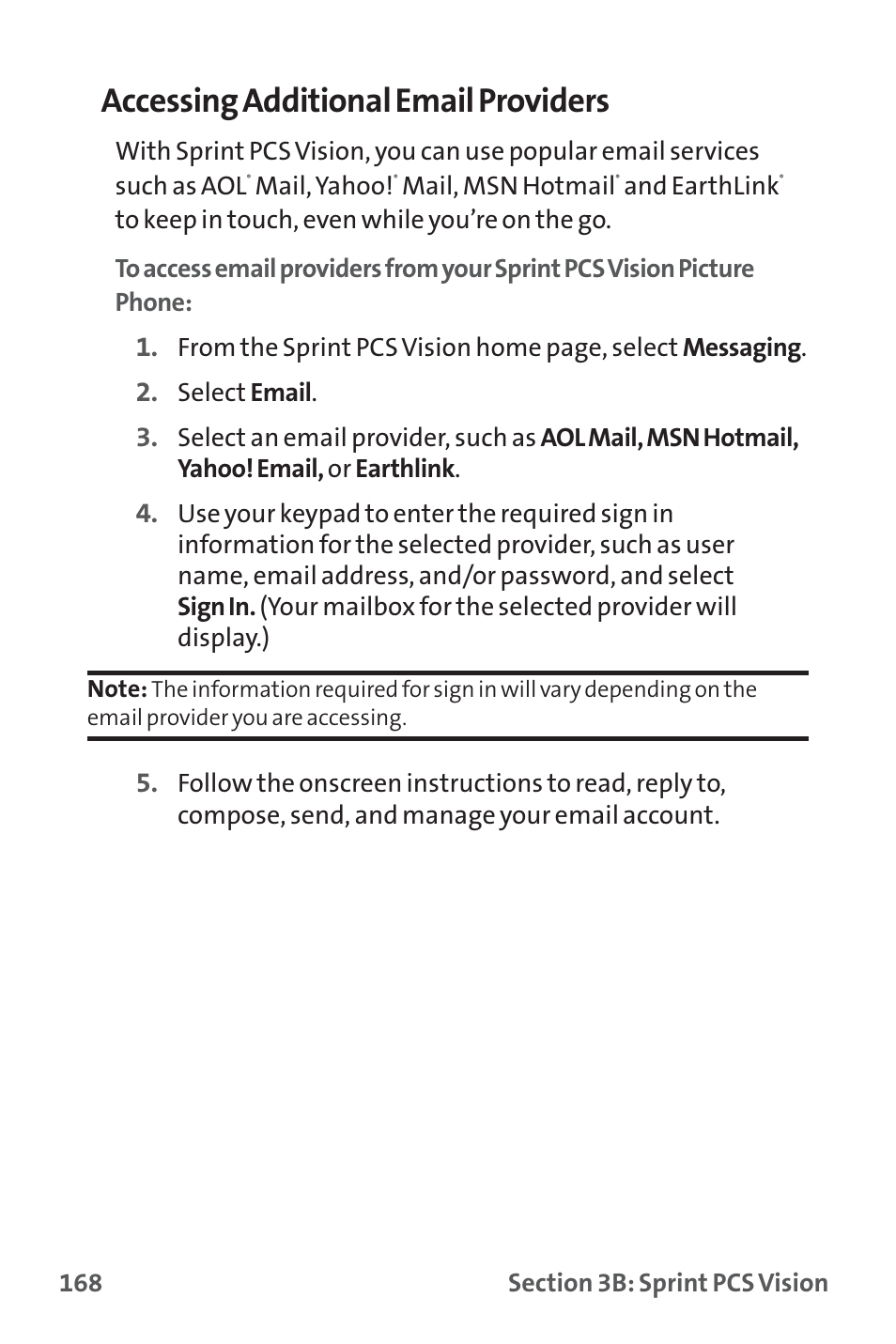 Accessing additional email providers | Sprint Nextel SPRINT PCS PM-225 User Manual | Page 177 / 217