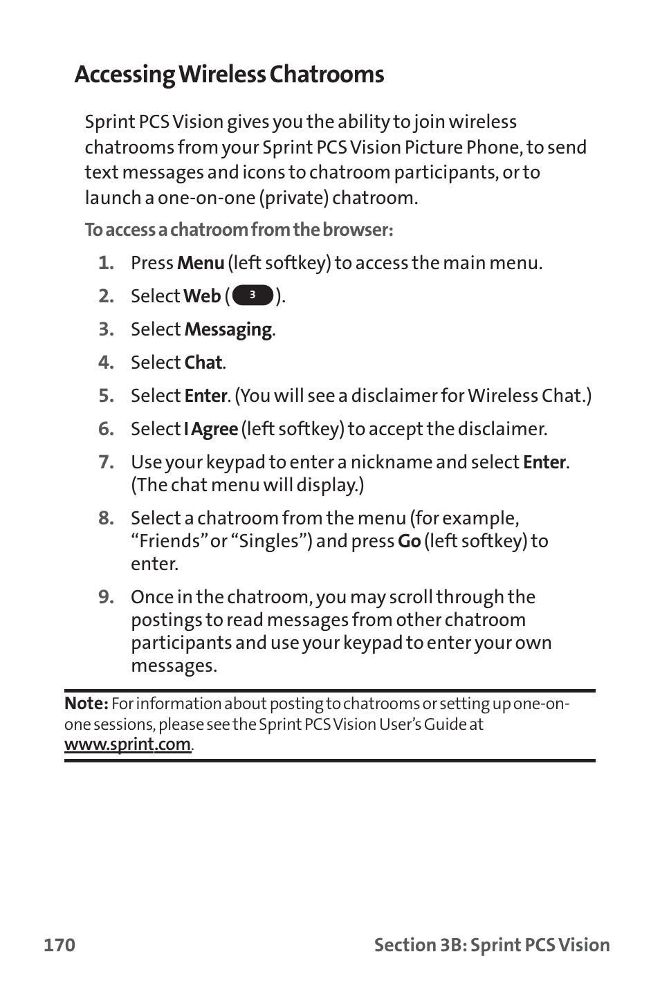 Accessing wireless chatrooms | Sprint Nextel SPRINT PCS PM-225 User Manual | Page 179 / 217