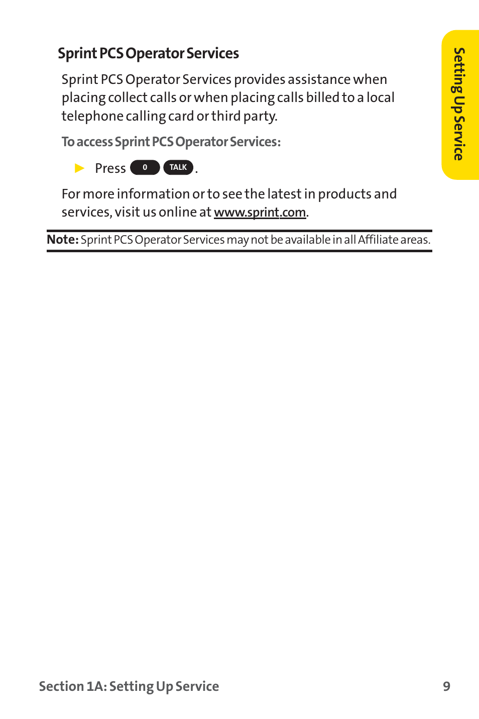 Sprint pcs operator services, Setting up ser vice | Sprint Nextel SPRINT PCS PM-225 User Manual | Page 18 / 217