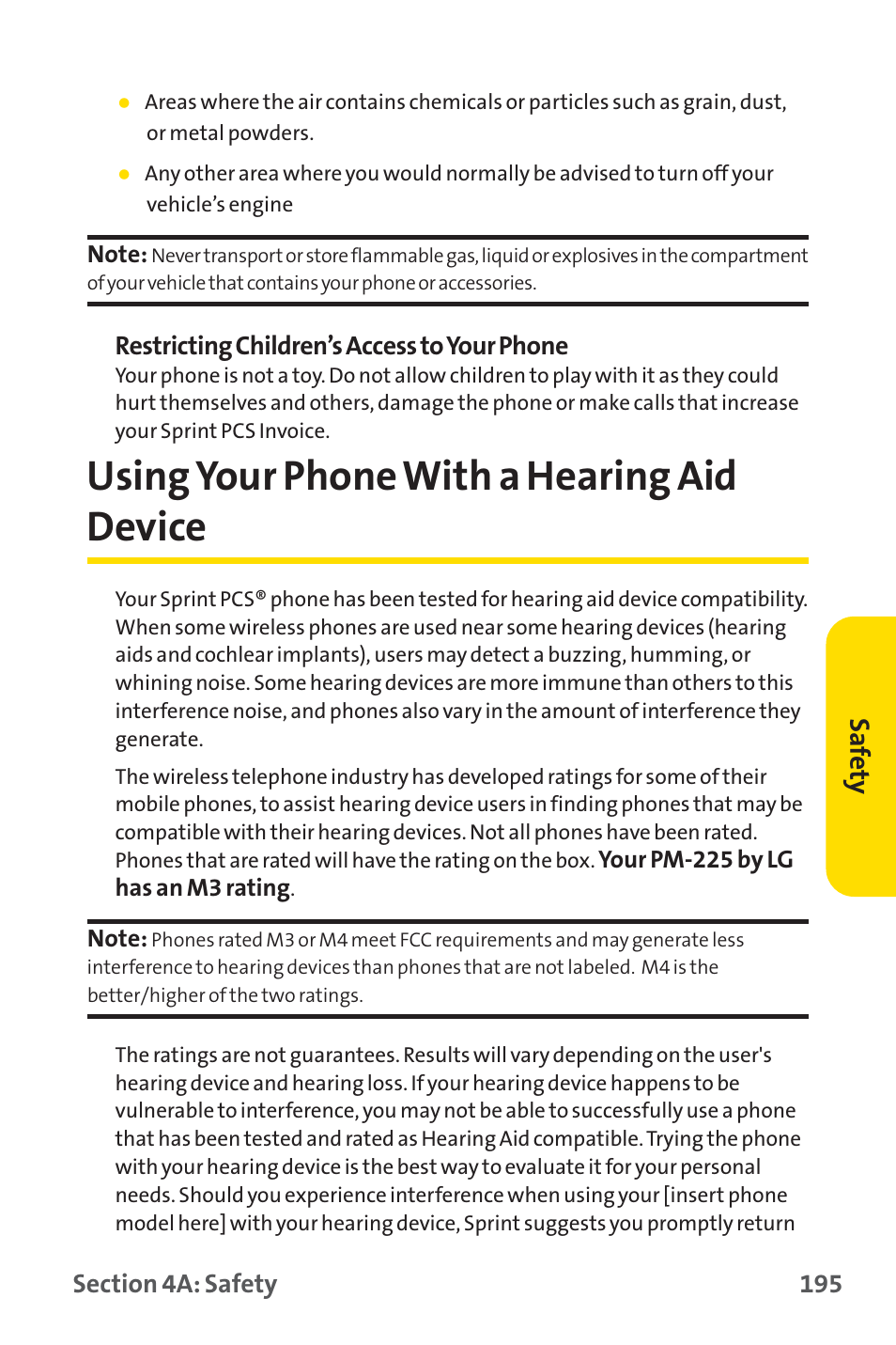 Using your phone with a hearing aid device, Saf ety | Sprint Nextel SPRINT PCS PM-225 User Manual | Page 204 / 217