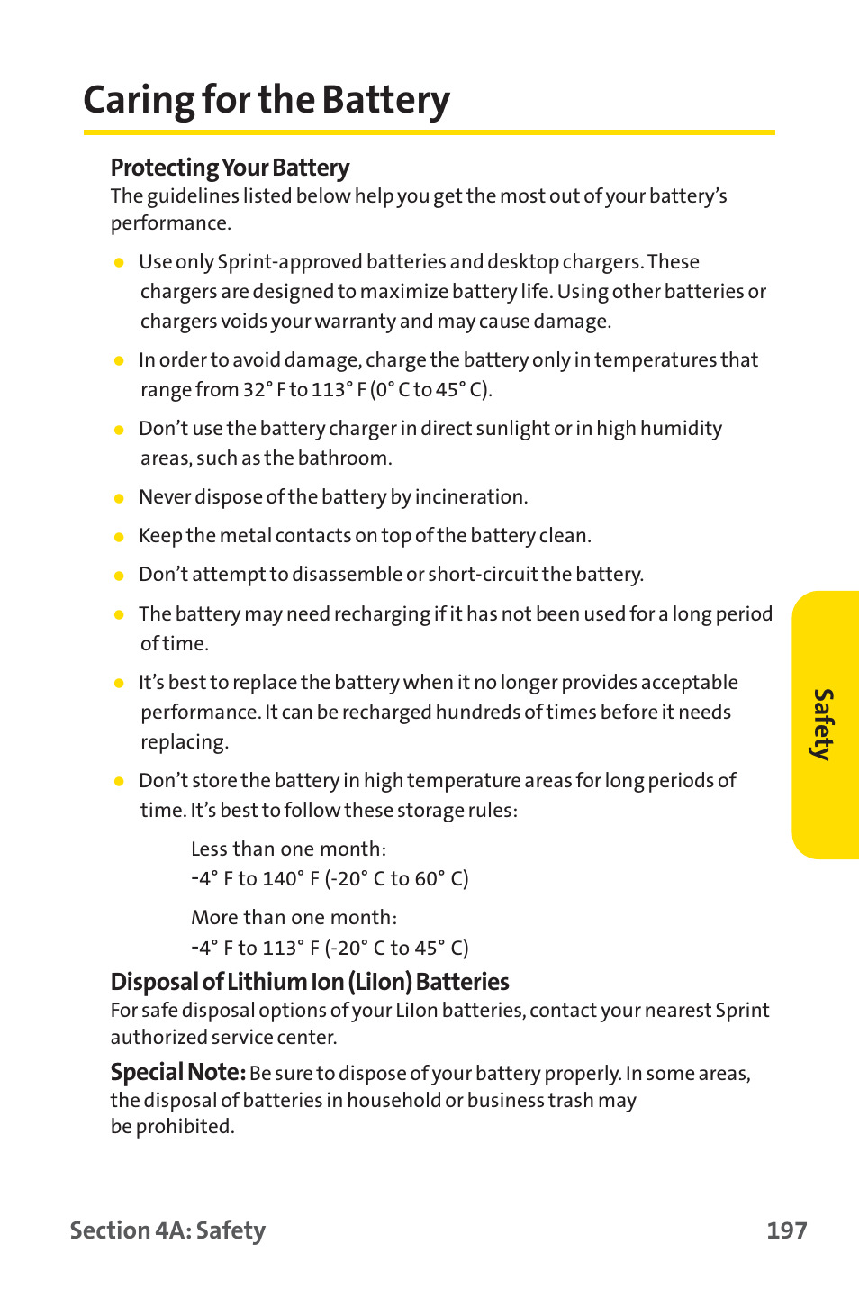 Caring for the battery, Saf ety, Protecting your battery | Disposal of lithium ion (liion) batteries | Sprint Nextel SPRINT PCS PM-225 User Manual | Page 206 / 217