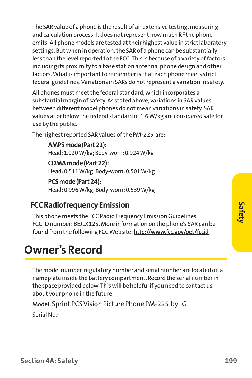 Owner’s record, Fcc radiofrequency emission | Sprint Nextel SPRINT PCS PM-225 User Manual | Page 208 / 217