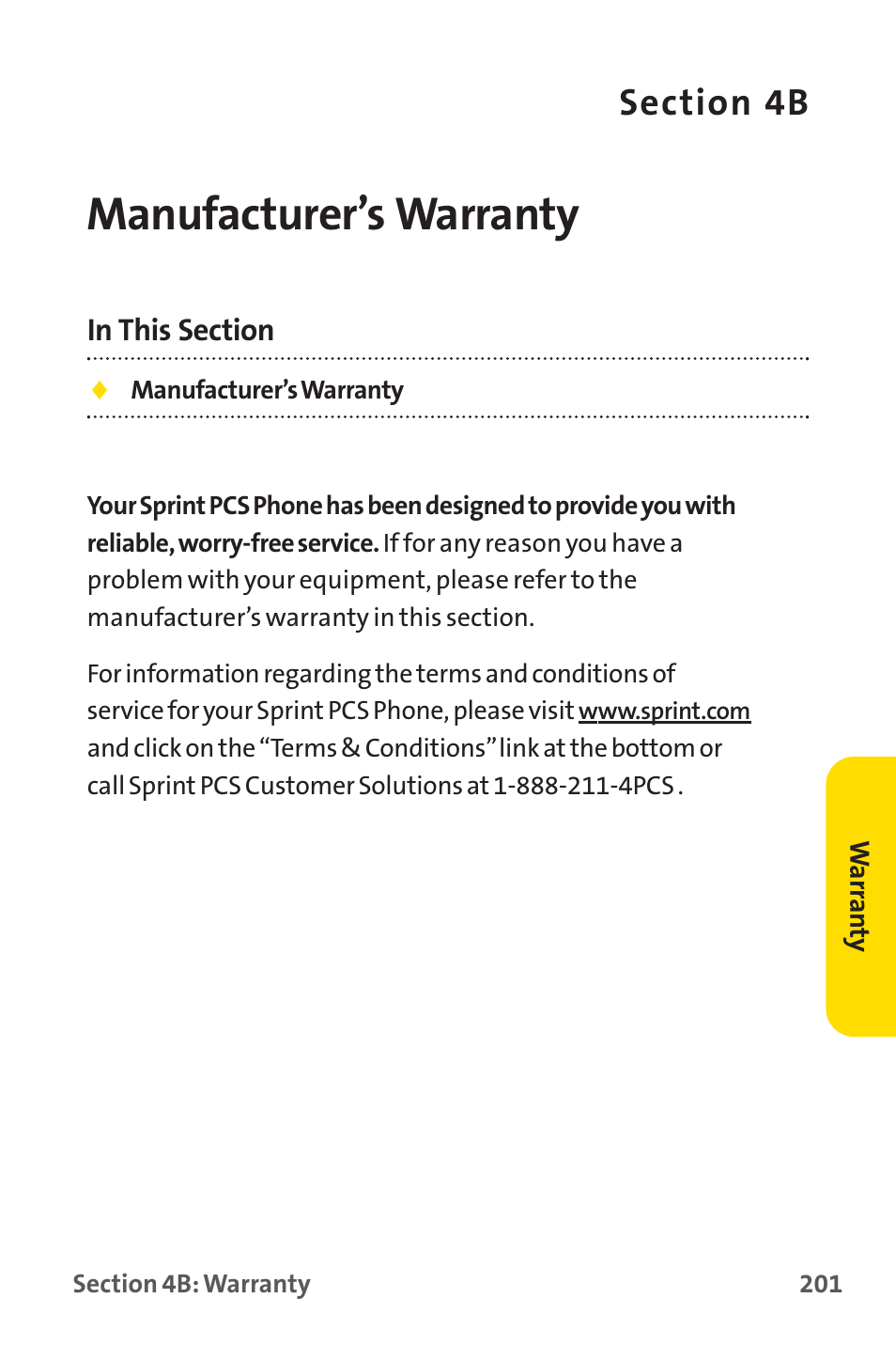 Manufacturer’s warranty | Sprint Nextel SPRINT PCS PM-225 User Manual | Page 210 / 217