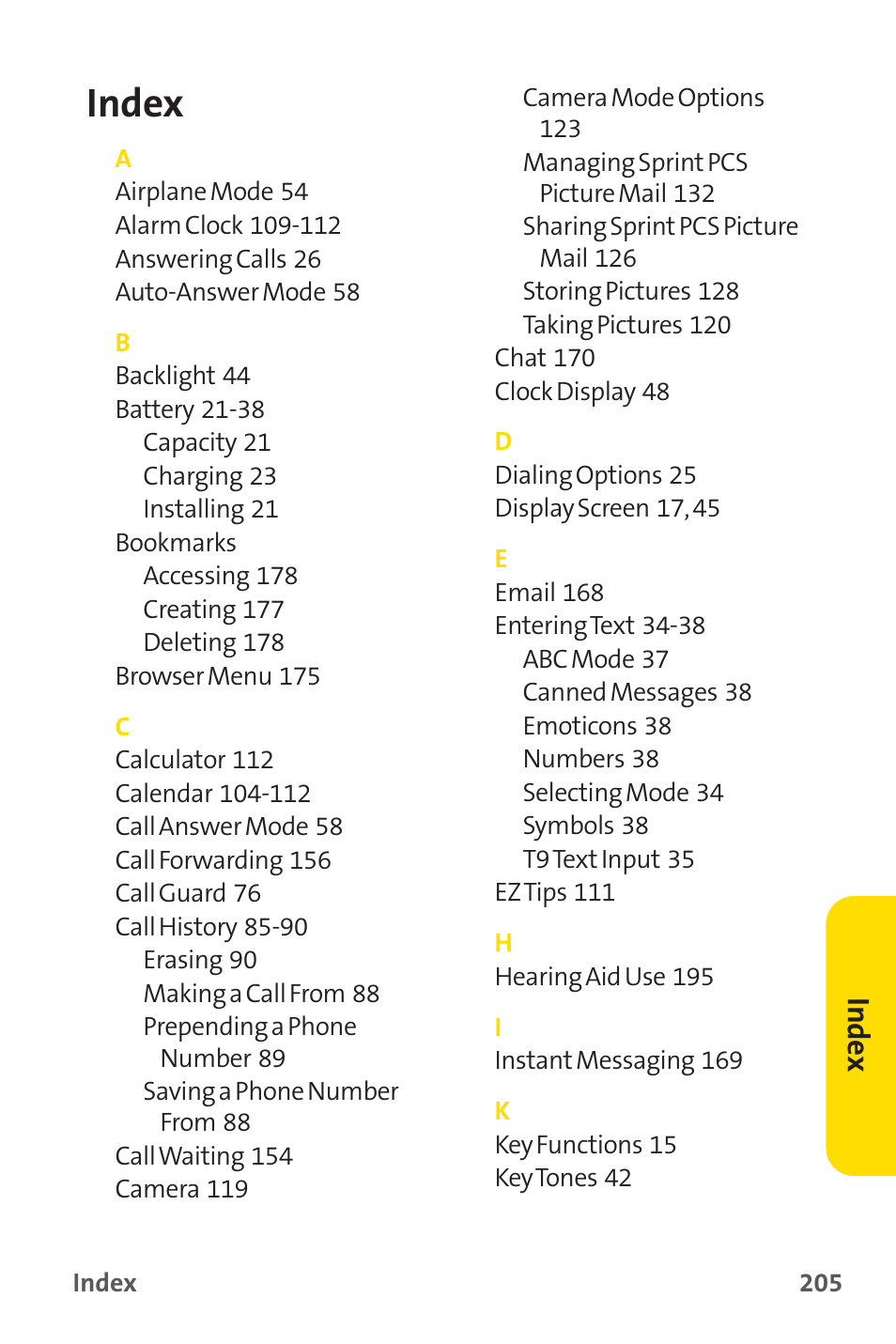 Index, Inde x | Sprint Nextel SPRINT PCS PM-225 User Manual | Page 214 / 217