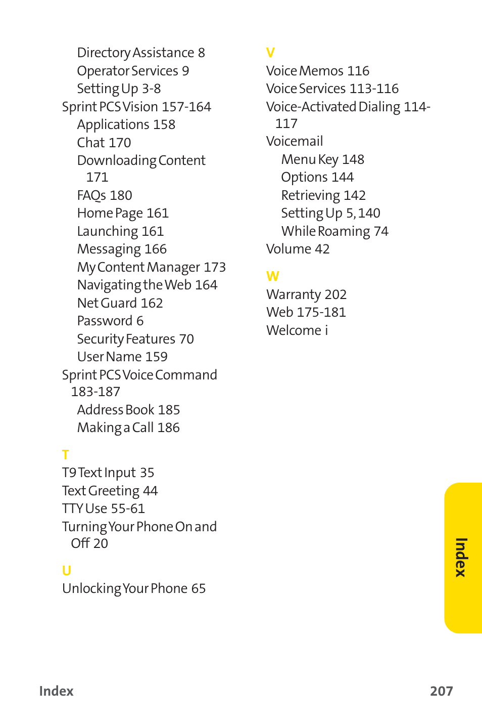 Inde x | Sprint Nextel SPRINT PCS PM-225 User Manual | Page 216 / 217