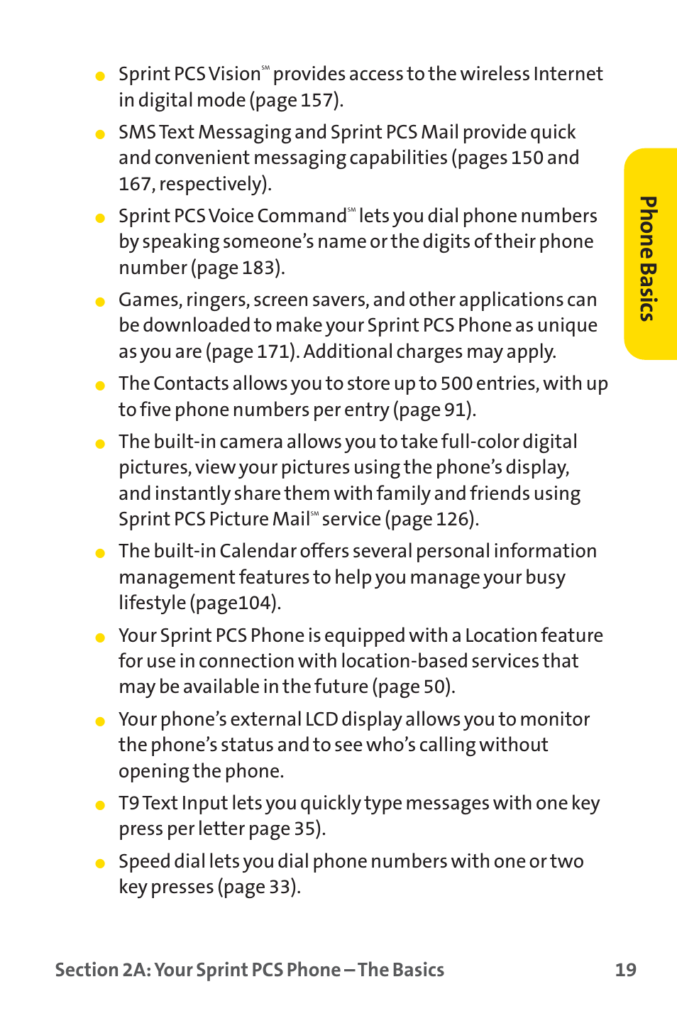 Phone basics, Sprint pcs vision, Sprint pcs voice command | Service (page 126) | Sprint Nextel SPRINT PCS PM-225 User Manual | Page 28 / 217