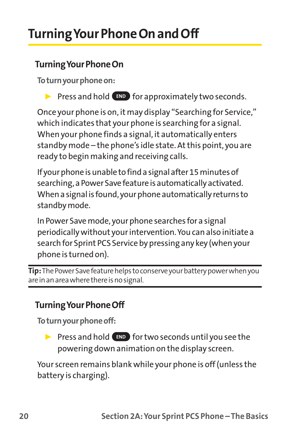 Turning your phone on and off, Turning your phone on, Turning your phone off | Sprint Nextel SPRINT PCS PM-225 User Manual | Page 29 / 217