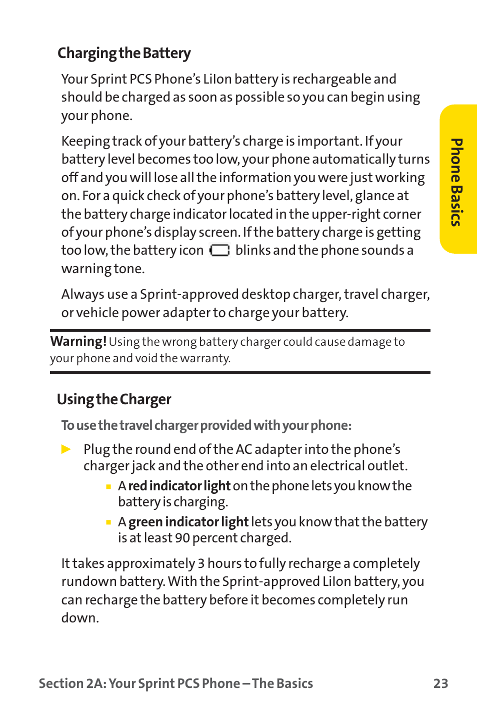 Phone basics, Charging the battery, Using the charger | Sprint Nextel SPRINT PCS PM-225 User Manual | Page 32 / 217