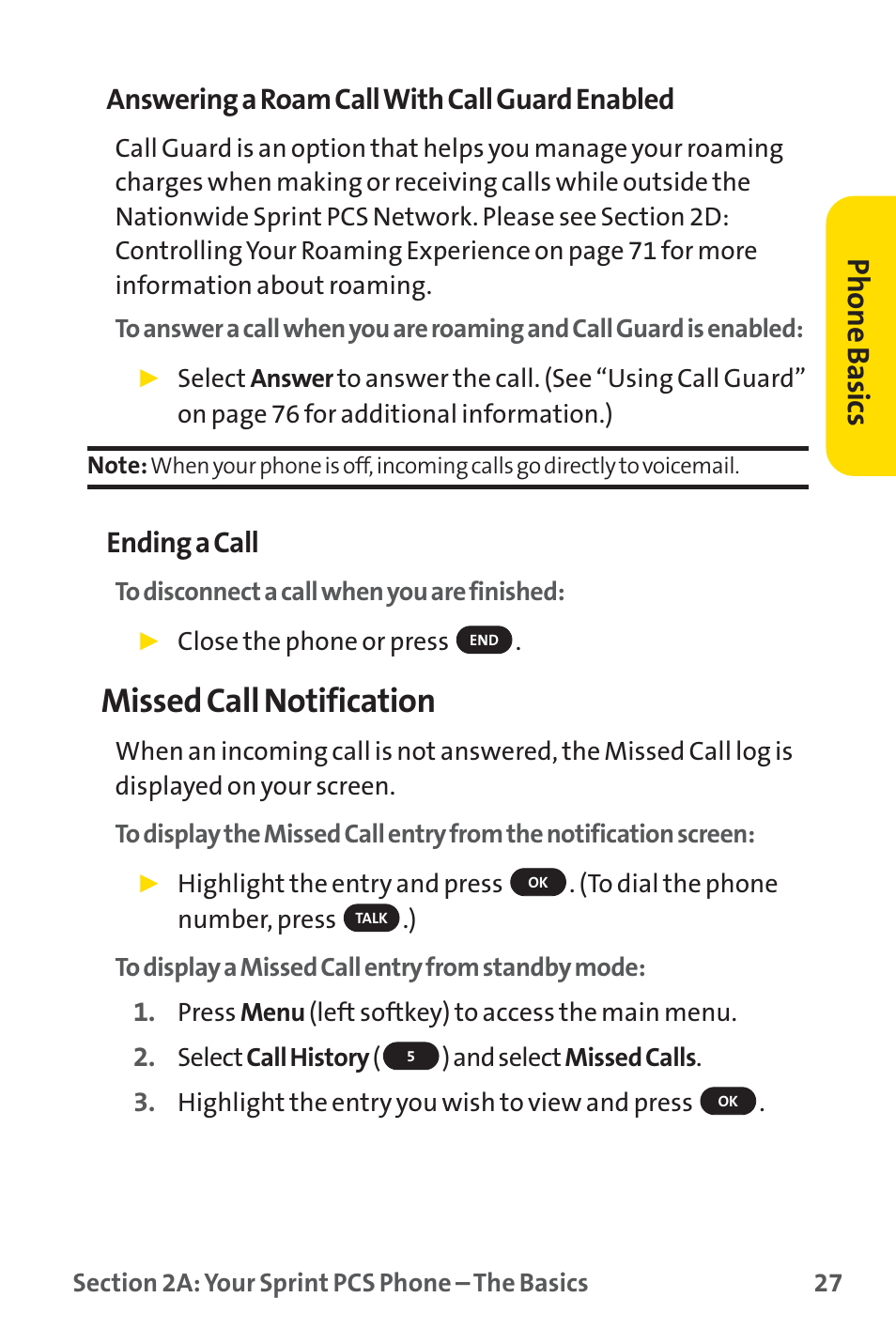 Missed call notification, Phone basics, Answering a roam call with call guard enabled | Ending a call | Sprint Nextel SPRINT PCS PM-225 User Manual | Page 36 / 217