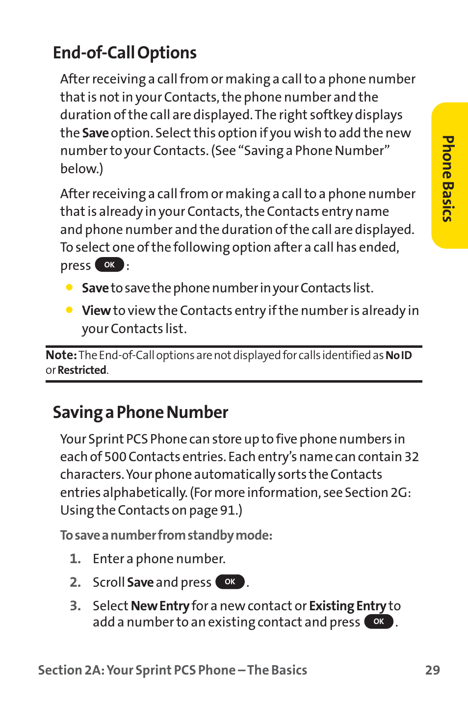 End-of-call options, Saving a phone number, Phone basics | Sprint Nextel SPRINT PCS PM-225 User Manual | Page 38 / 217