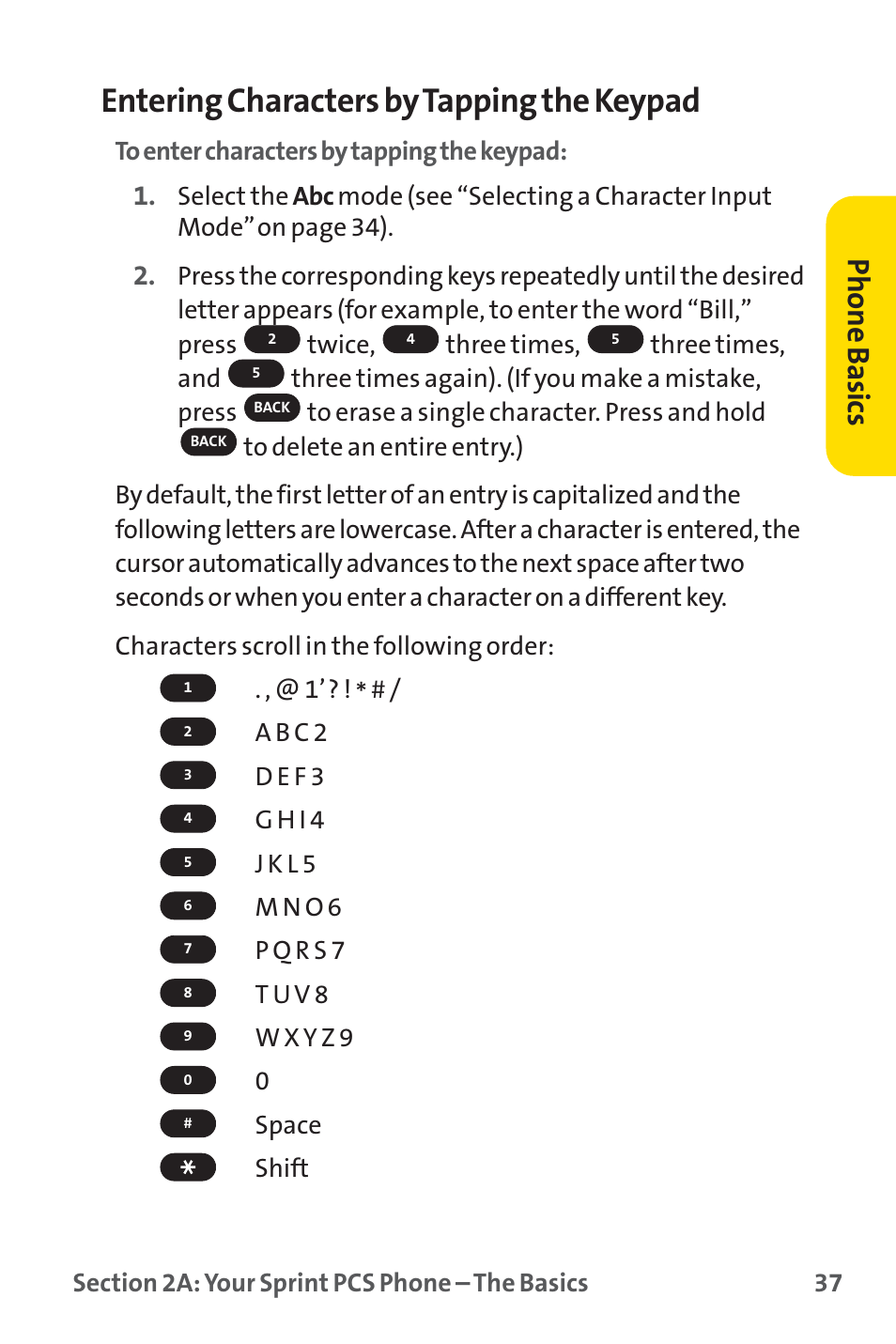 Entering characters by tapping the keypad, Phone basics | Sprint Nextel SPRINT PCS PM-225 User Manual | Page 46 / 217