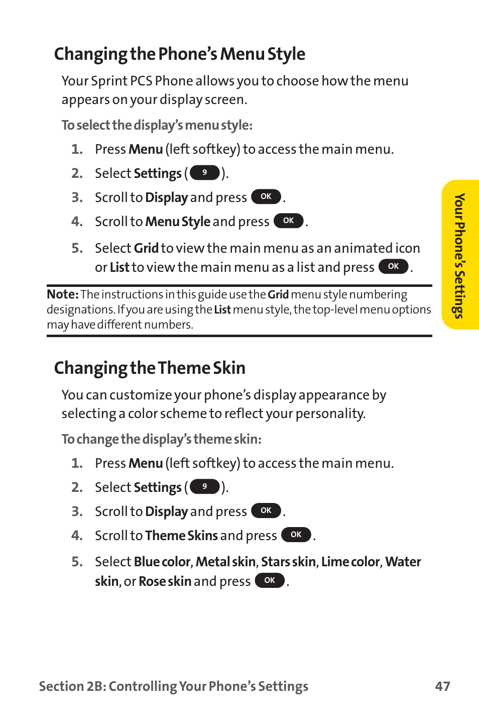 Changing the phone’s menu style, Changing the theme skin | Sprint Nextel SPRINT PCS PM-225 User Manual | Page 56 / 217