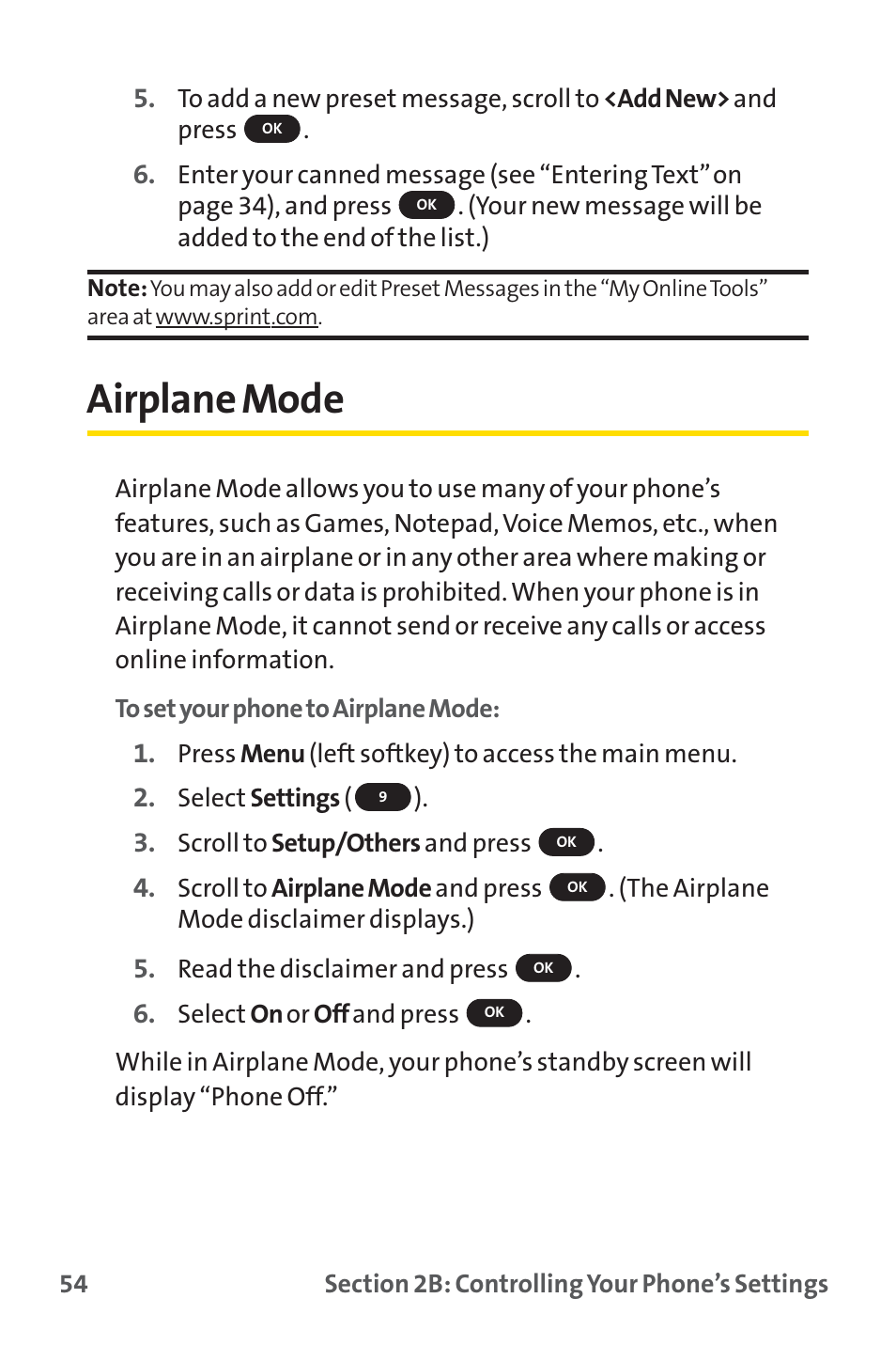 Airplane mode | Sprint Nextel SPRINT PCS PM-225 User Manual | Page 63 / 217