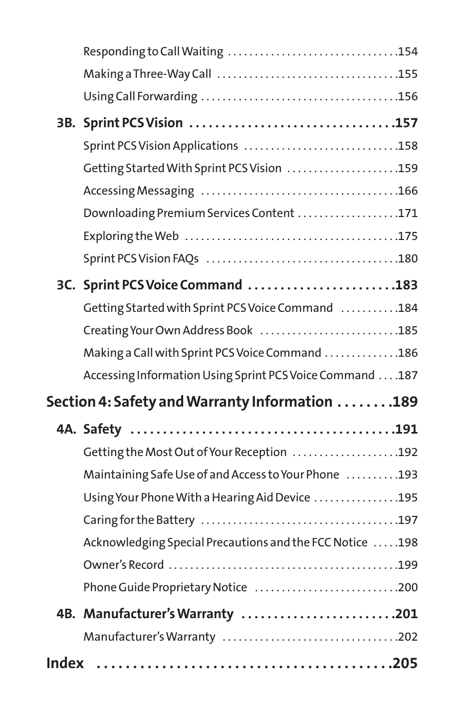 Index | Sprint Nextel SPRINT PCS PM-225 User Manual | Page 7 / 217