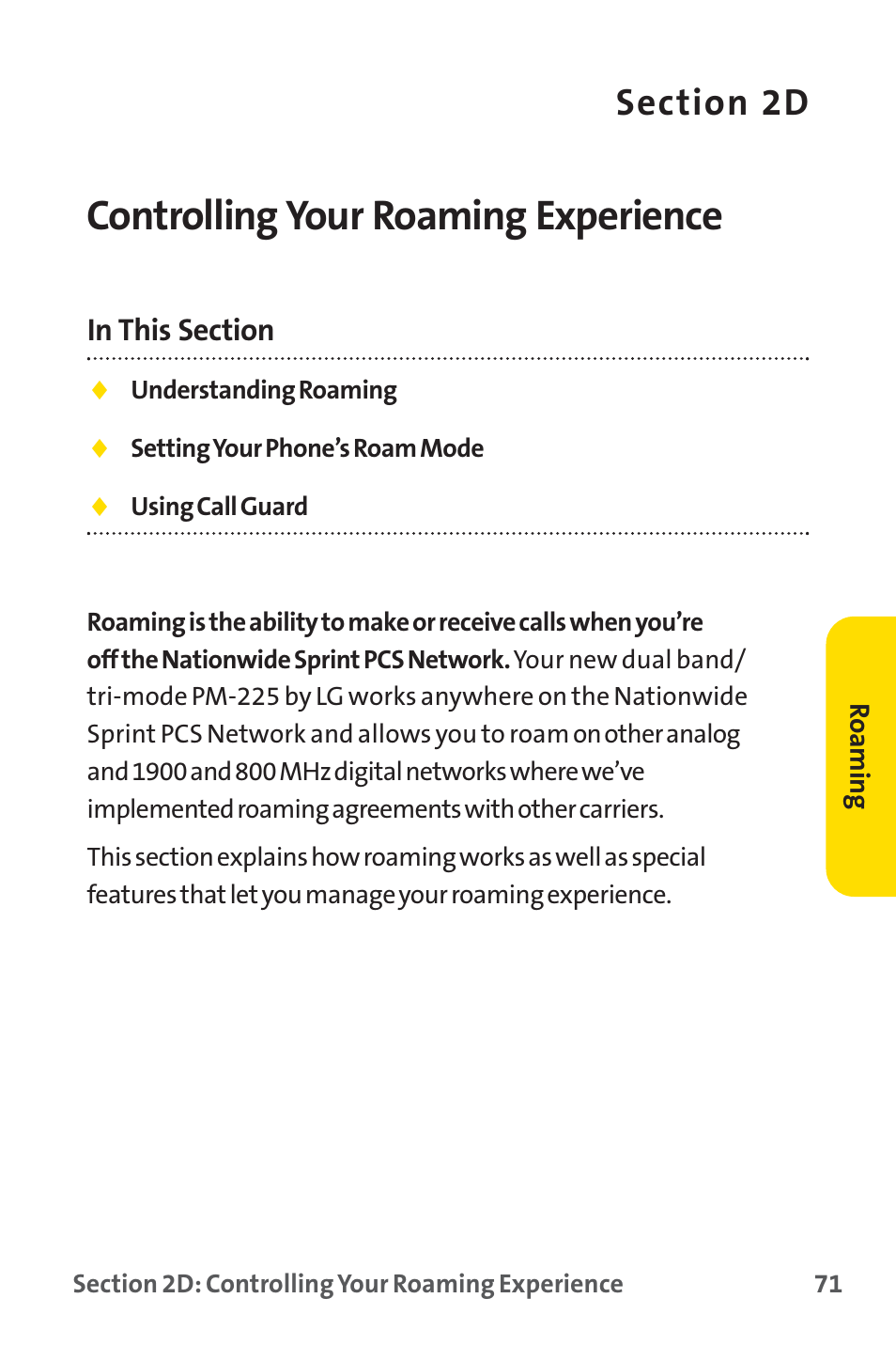 Controlling your roaming experience | Sprint Nextel SPRINT PCS PM-225 User Manual | Page 80 / 217