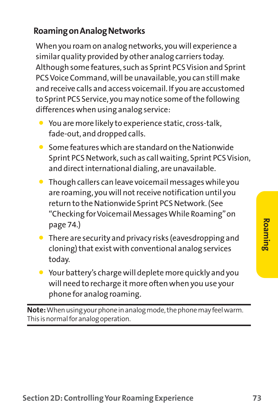 Roaming on analog networks, Roaming | Sprint Nextel SPRINT PCS PM-225 User Manual | Page 82 / 217