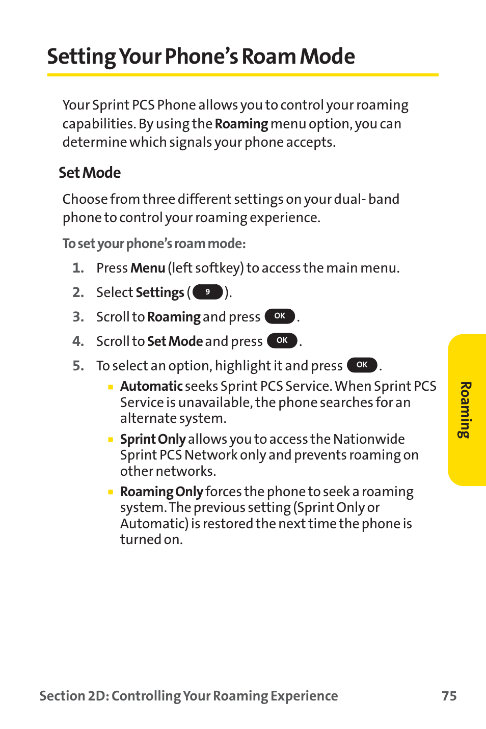 Setting your phone’s roam mode, Settingyour phone’s roam mode, Set mode | Sprint Nextel SPRINT PCS PM-225 User Manual | Page 84 / 217