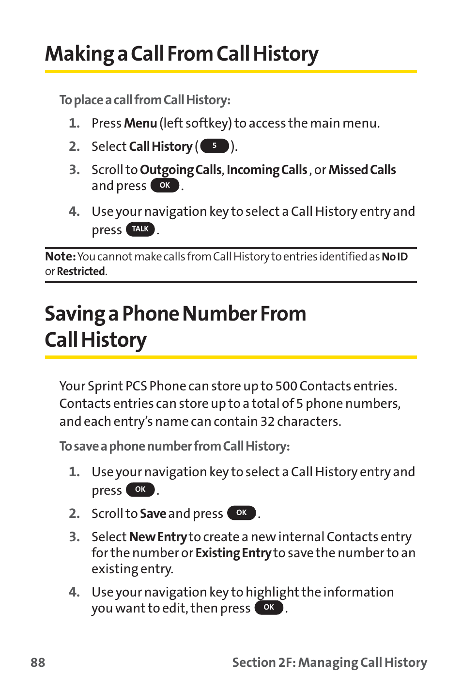 Making a call from call history, Saving a phone number from call history | Sprint Nextel SPRINT PCS PM-225 User Manual | Page 97 / 217