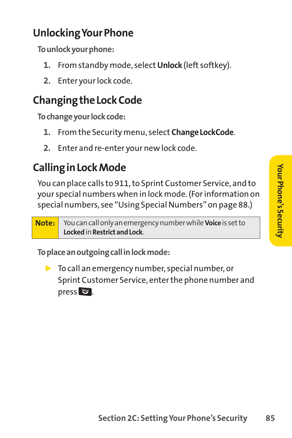 Unlocking your phone, Changing the lock code, Calling in lock mode | Sprint Nextel Cell Phone User Manual | Page 103 / 336