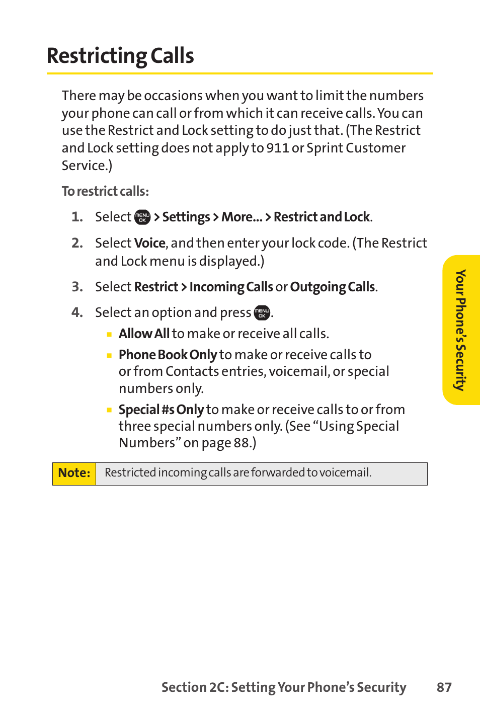 Restricting calls | Sprint Nextel Cell Phone User Manual | Page 105 / 336