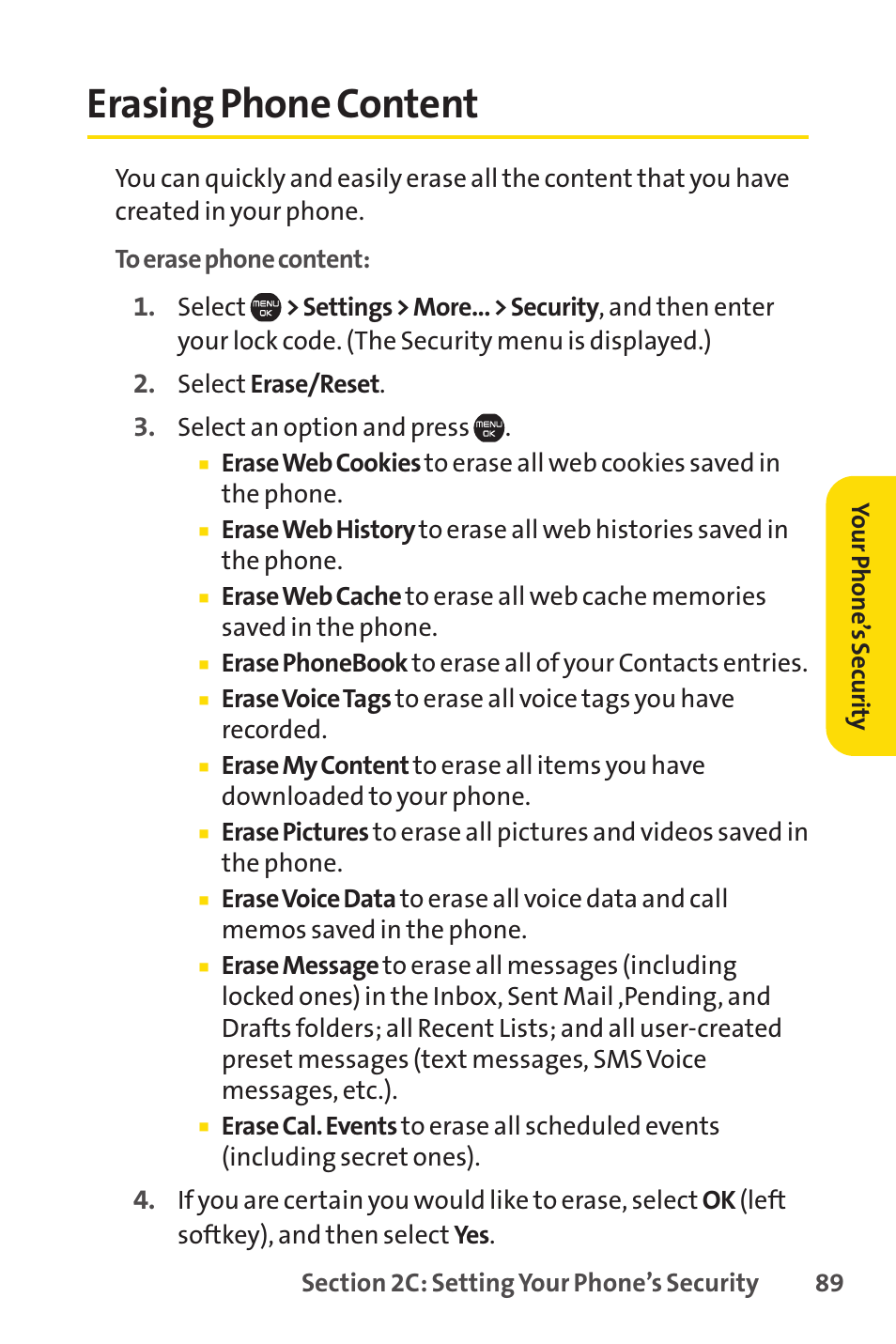 Erasing phone content | Sprint Nextel Cell Phone User Manual | Page 107 / 336