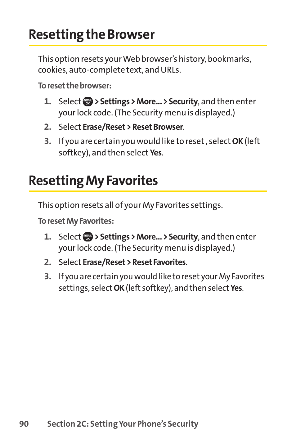 Resetting the browser, Resetting my favorites, Resetting the browser resetting my favorites | Sprint Nextel Cell Phone User Manual | Page 108 / 336