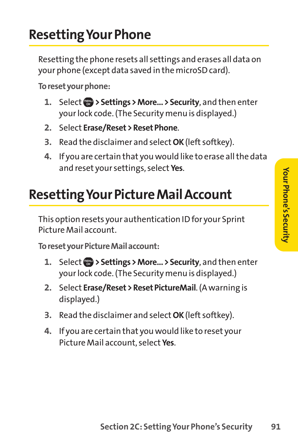 Resetting your phone, Resetting your picture mail account | Sprint Nextel Cell Phone User Manual | Page 109 / 336