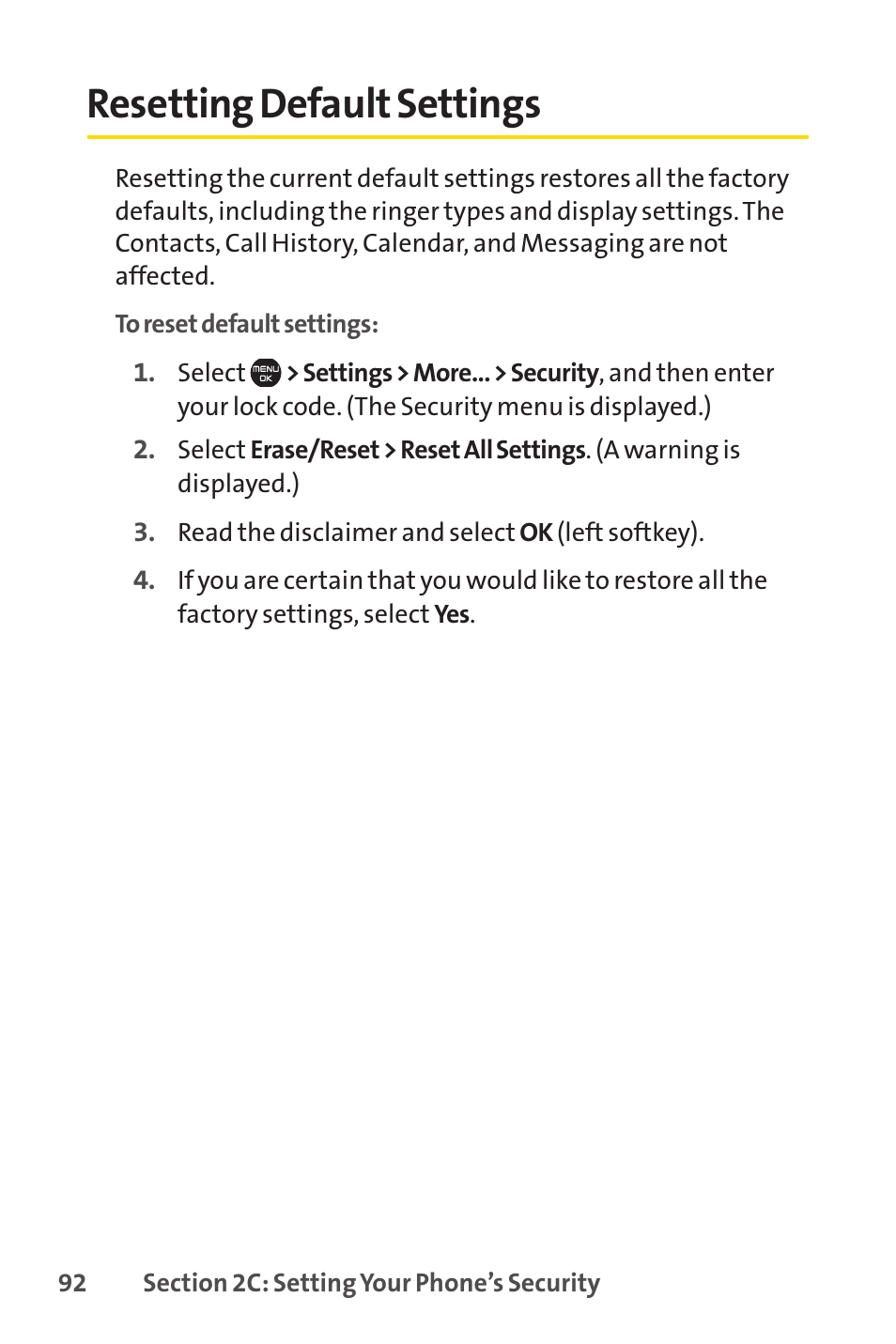 Resetting default settings | Sprint Nextel Cell Phone User Manual | Page 110 / 336