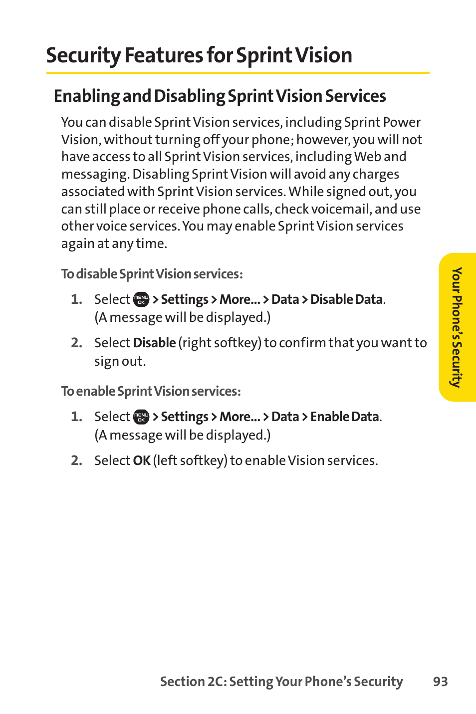 Security features for sprint vision, Security features for sprintvision, Enabling and disabling sprintvision services | Sprint Nextel Cell Phone User Manual | Page 111 / 336