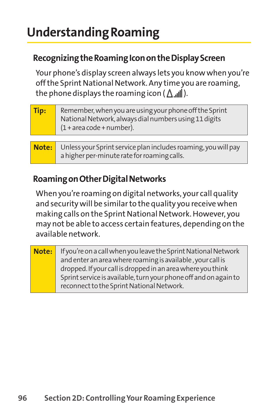 Understanding roaming | Sprint Nextel Cell Phone User Manual | Page 114 / 336