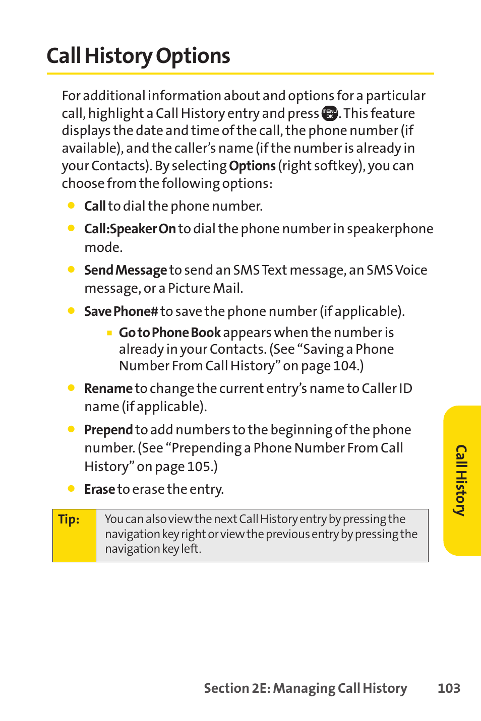 Call history options, Ca llh ist or y | Sprint Nextel Cell Phone User Manual | Page 121 / 336