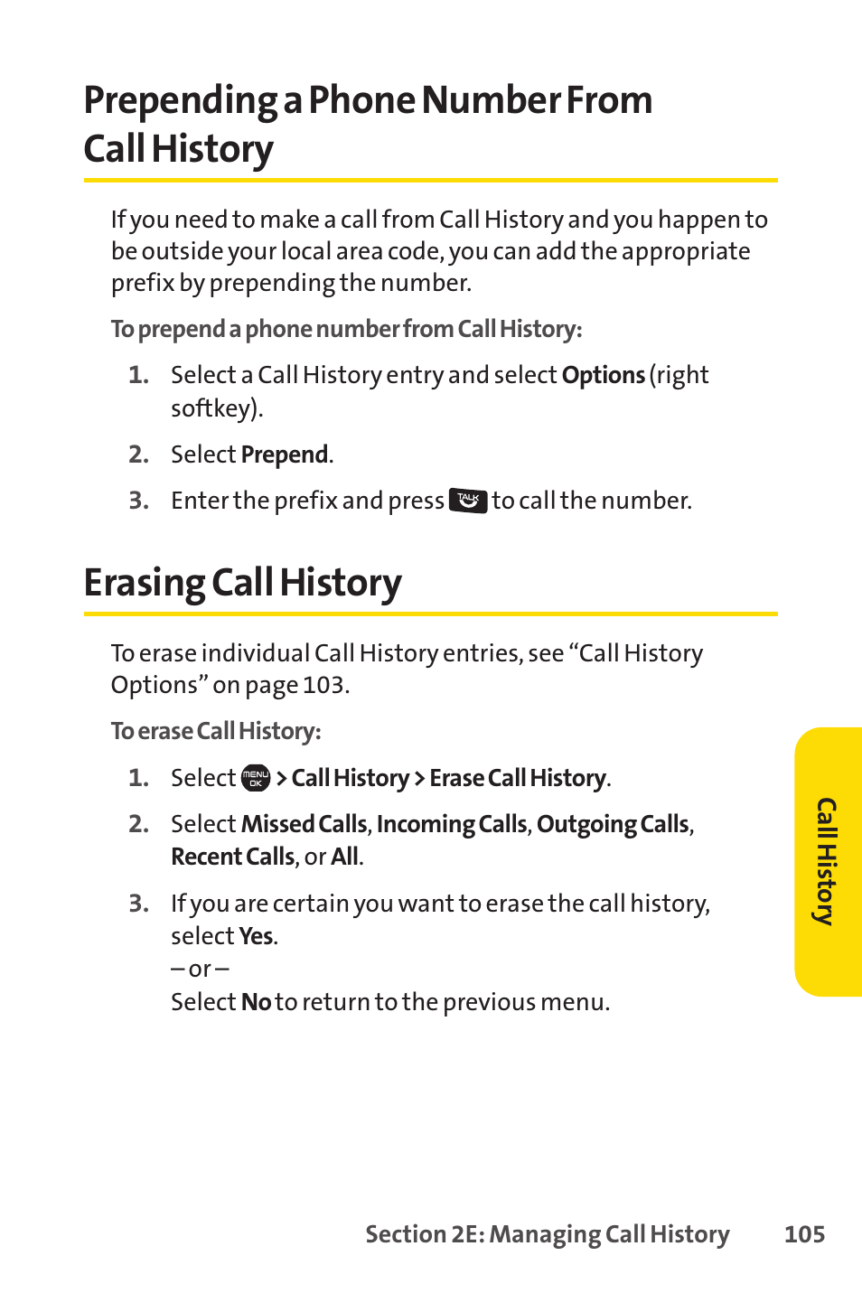 Prepending a phone number from call history, Erasing call history | Sprint Nextel Cell Phone User Manual | Page 123 / 336