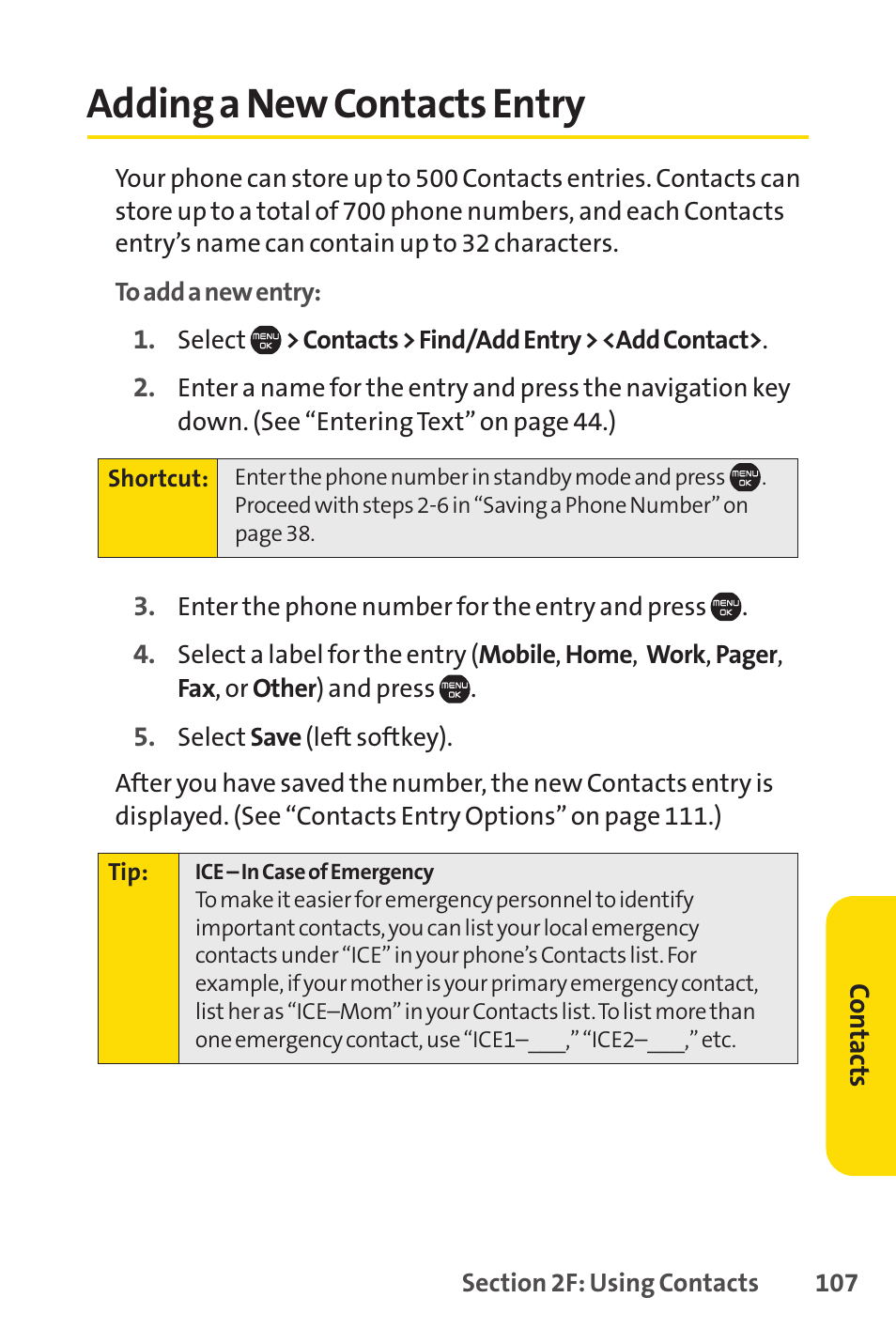 Adding a new contacts entry | Sprint Nextel Cell Phone User Manual | Page 125 / 336