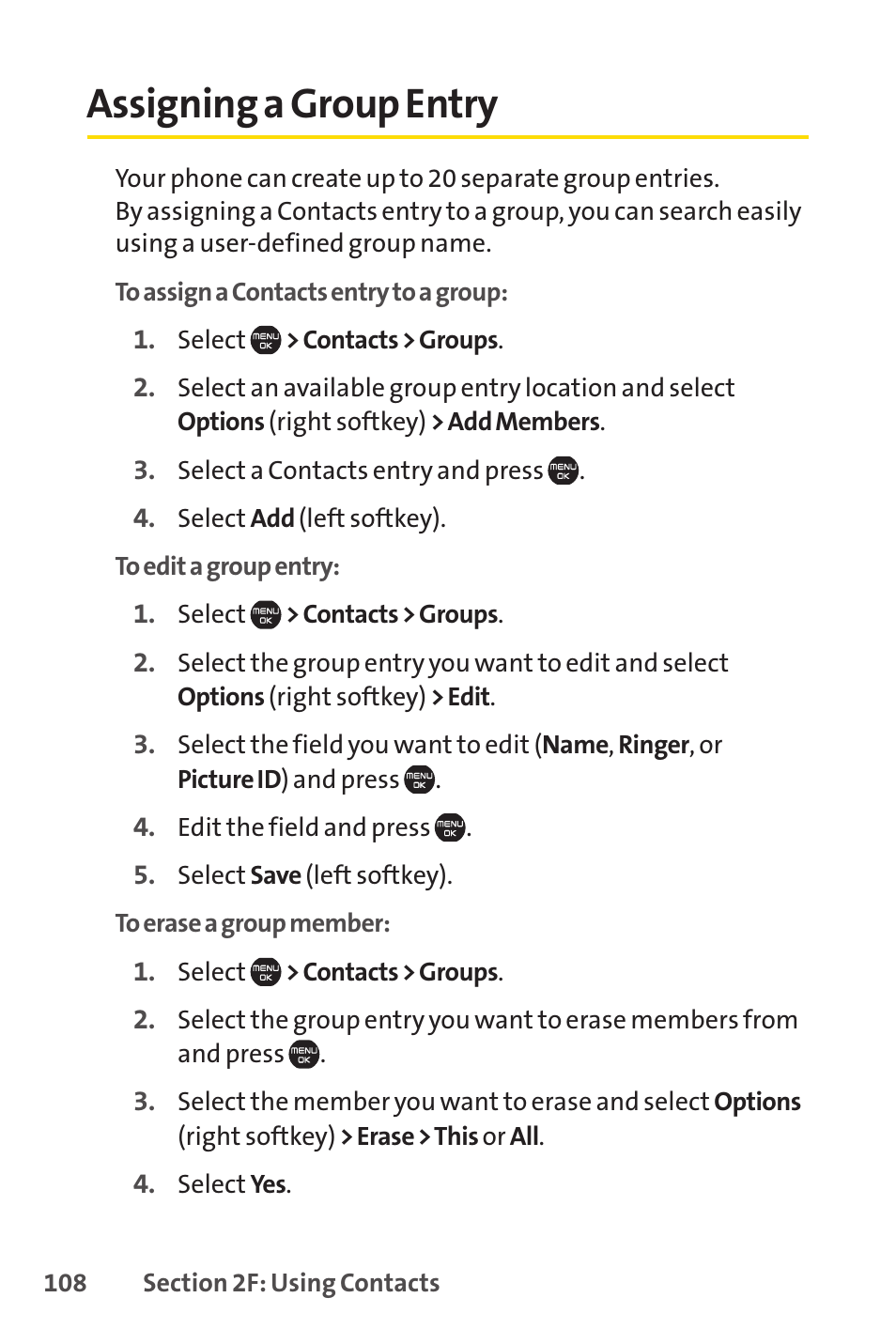 Assigning a group entry | Sprint Nextel Cell Phone User Manual | Page 126 / 336