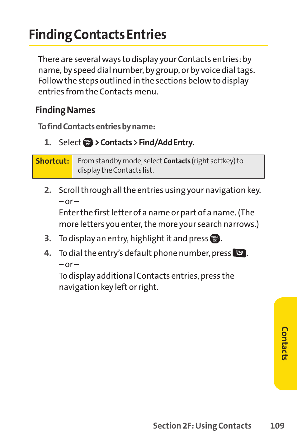 Finding contacts entries | Sprint Nextel Cell Phone User Manual | Page 127 / 336