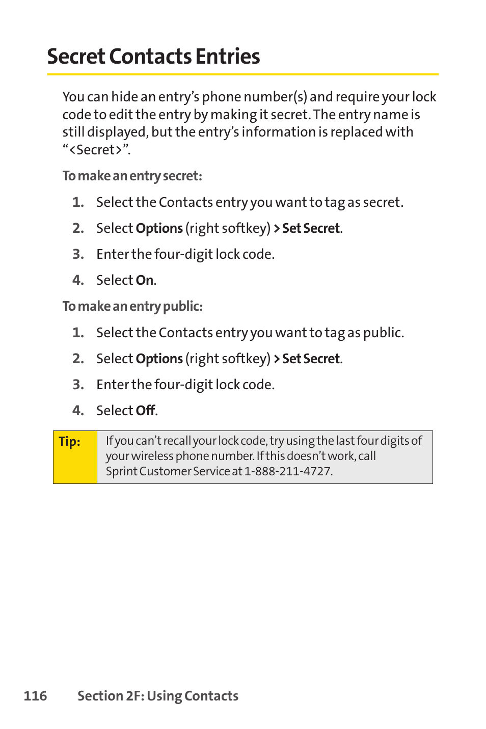 Secret contacts entries | Sprint Nextel Cell Phone User Manual | Page 134 / 336