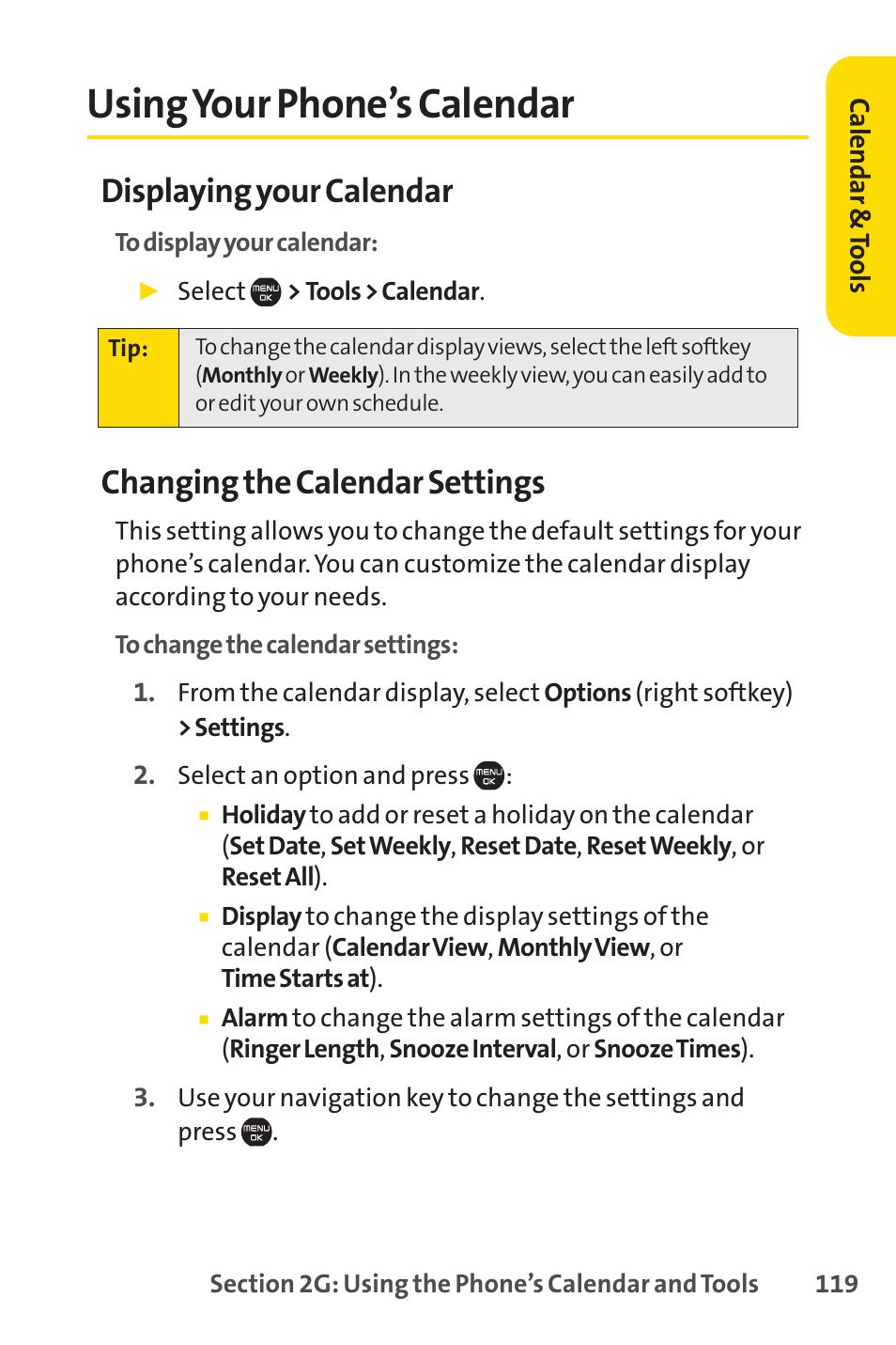 Using your phone’s calendar, Displaying your calendar, Changing the calendar settings | Sprint Nextel Cell Phone User Manual | Page 137 / 336