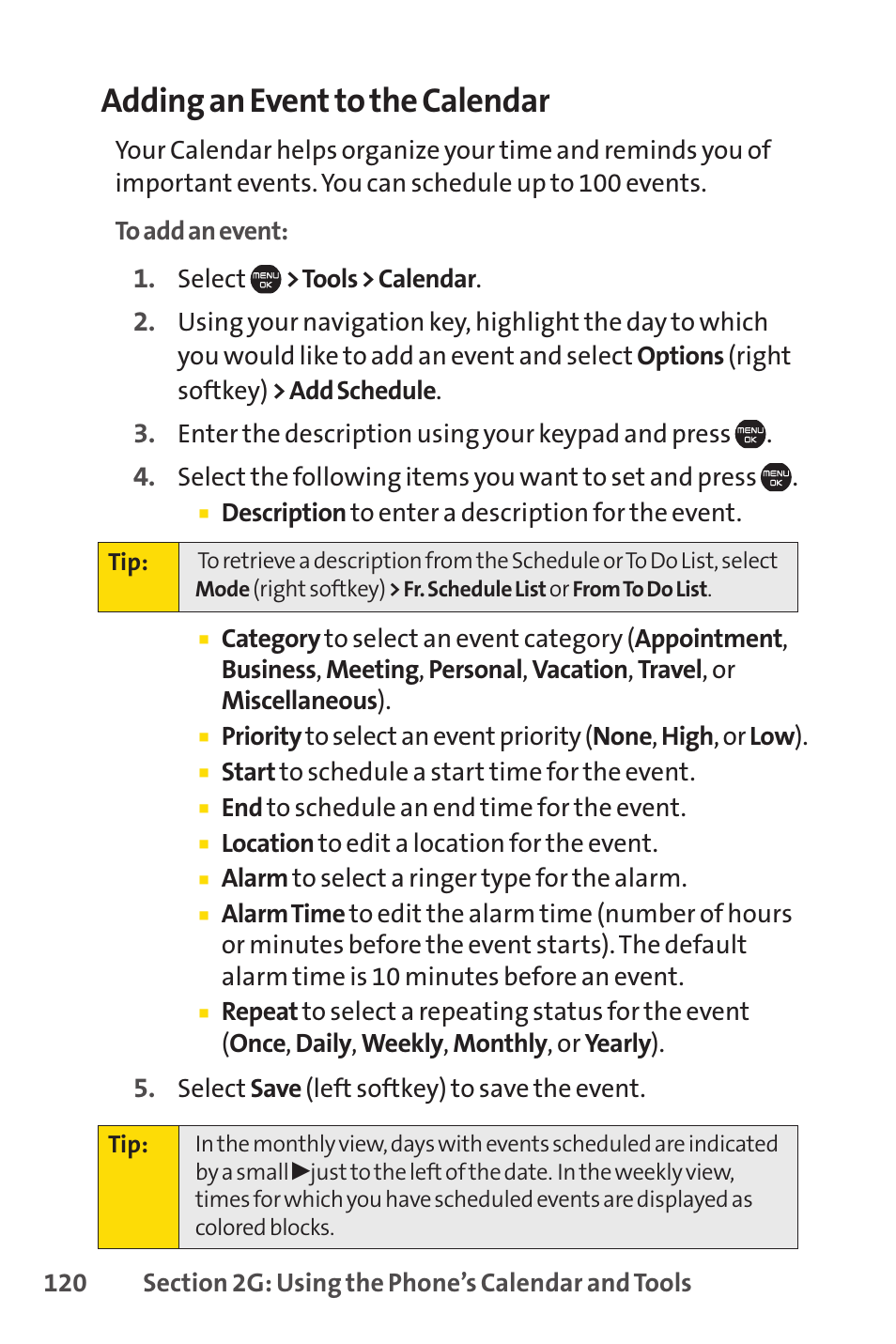 Adding an event to the calendar | Sprint Nextel Cell Phone User Manual | Page 138 / 336