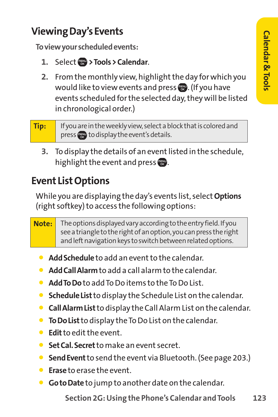 Viewing day’s events, Event list options, Ca le n da r& to ols | Sprint Nextel Cell Phone User Manual | Page 141 / 336