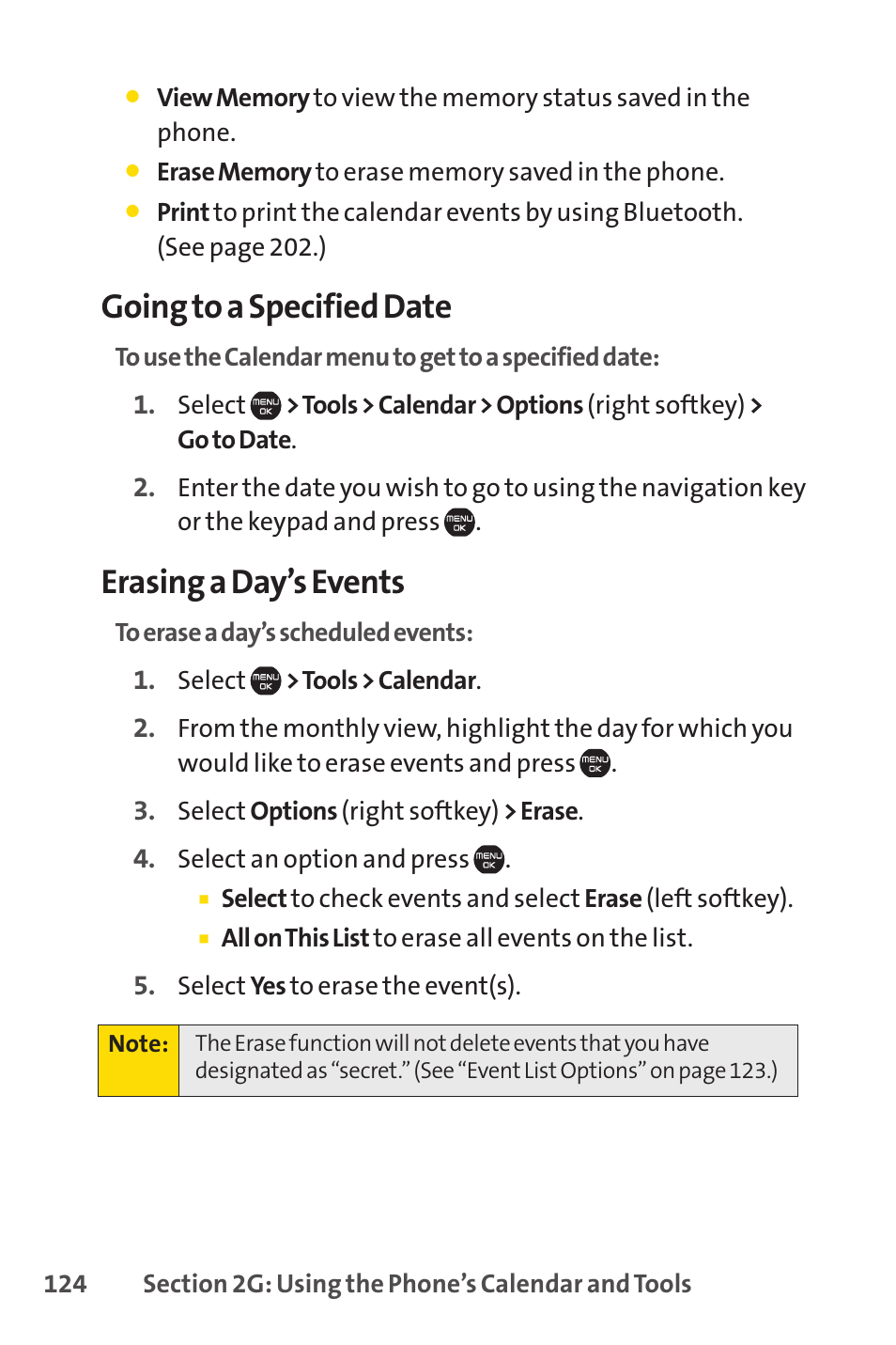 Going to a specified date, Erasing a day’s events | Sprint Nextel Cell Phone User Manual | Page 142 / 336