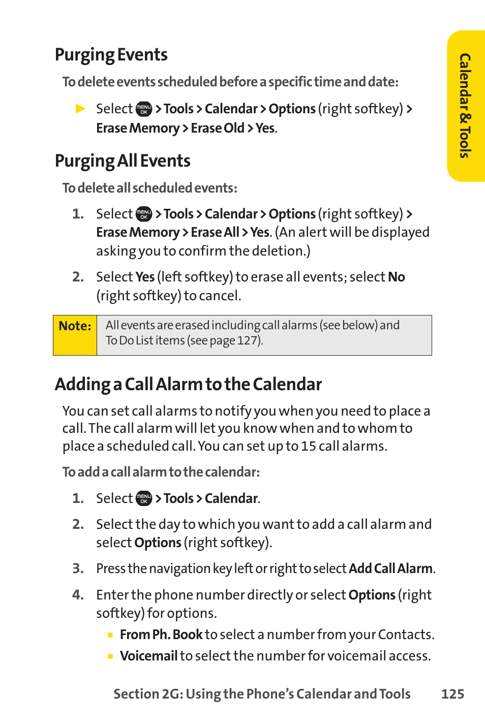 Purging events, Purging all events, Adding a call alarm to the calendar | Sprint Nextel Cell Phone User Manual | Page 143 / 336
