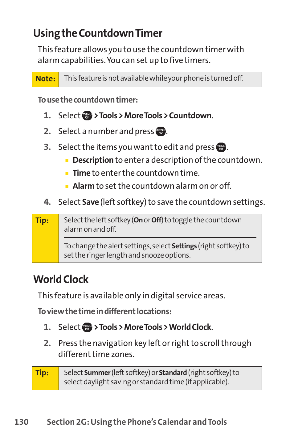 Using the countdown timer, World clock | Sprint Nextel Cell Phone User Manual | Page 148 / 336