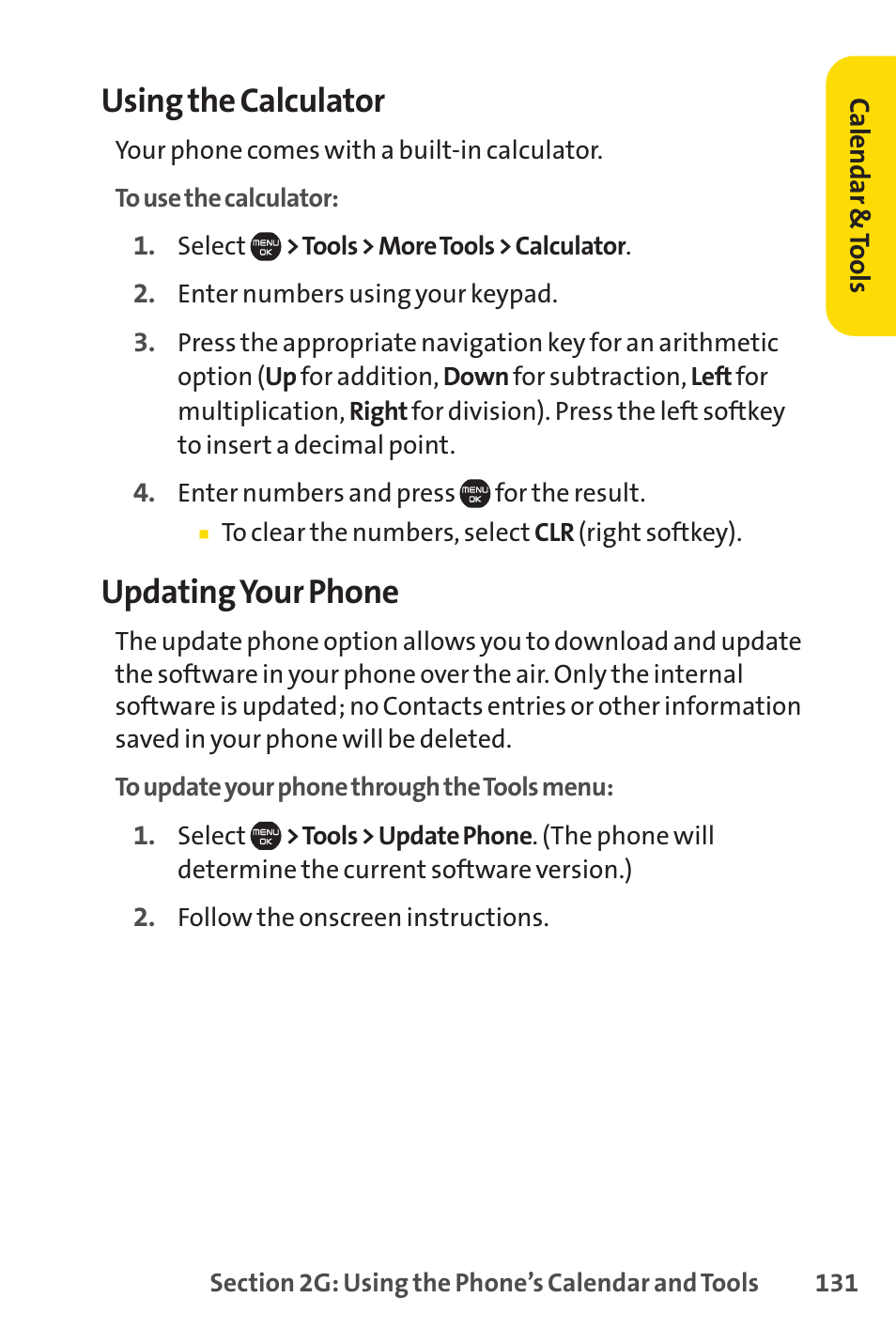 Using the calculator, Updating your phone | Sprint Nextel Cell Phone User Manual | Page 149 / 336