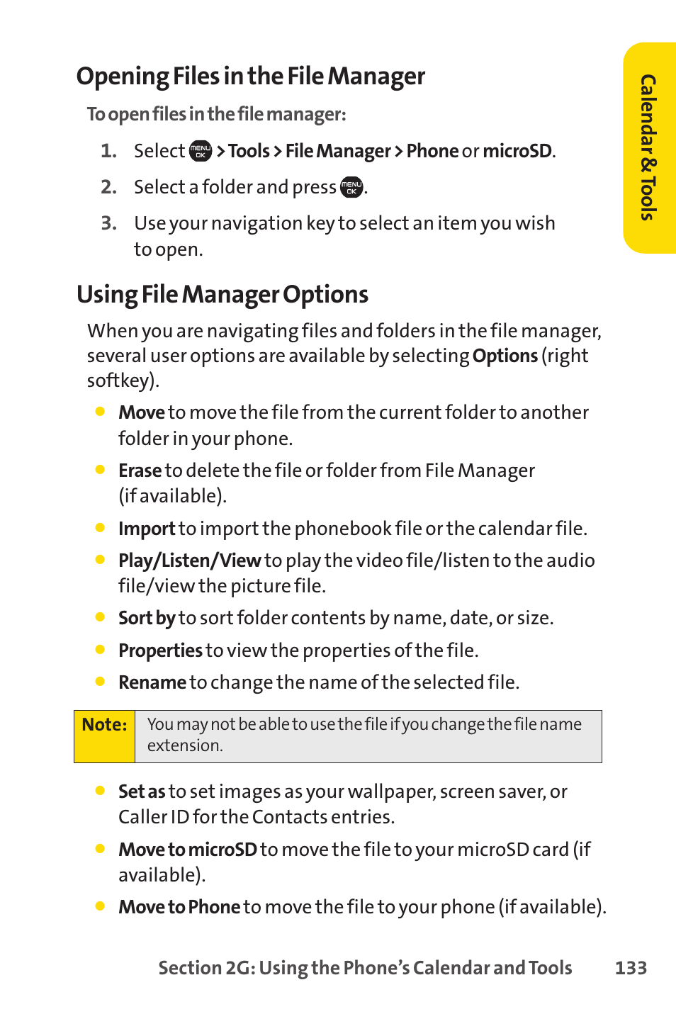 Opening files in the file manager, Using file manager options, Ca le n da r& to ols | Sprint Nextel Cell Phone User Manual | Page 151 / 336