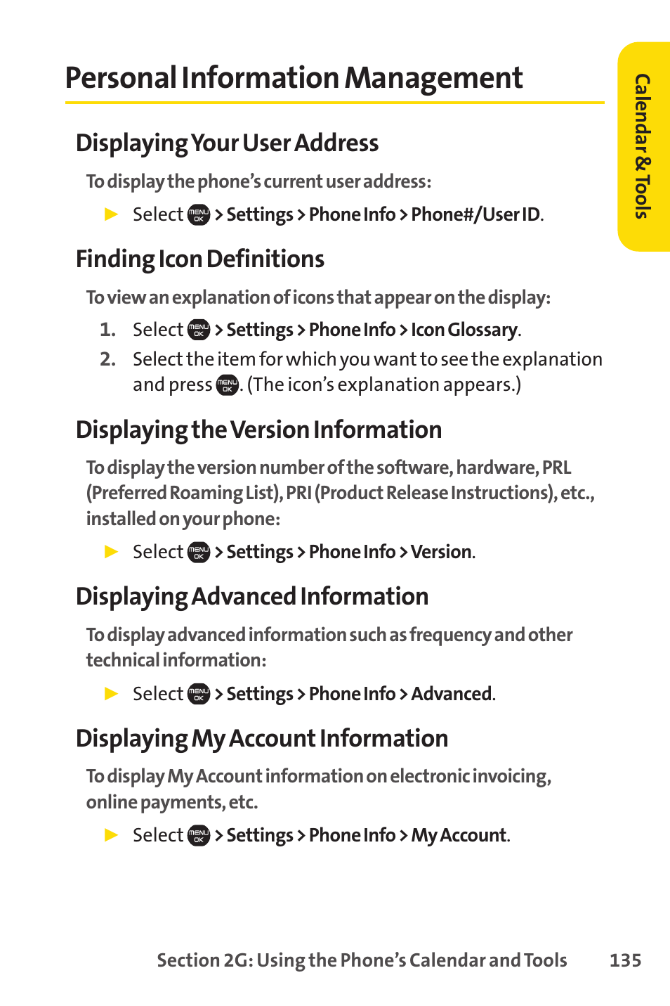 Personal information management, Displaying your user address, Finding icon definitions | Displaying the version information, Displaying advanced information, Displaying my account information | Sprint Nextel Cell Phone User Manual | Page 153 / 336